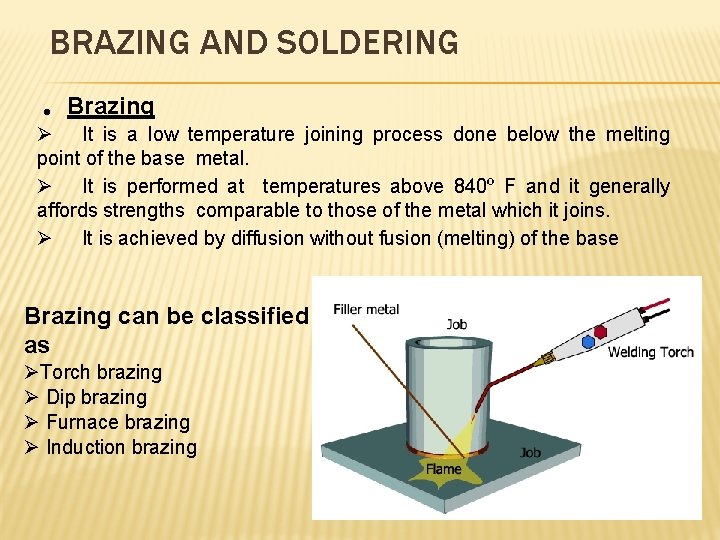 BRAZING AND SOLDERING • Brazing Ø It is a low temperature joining process done