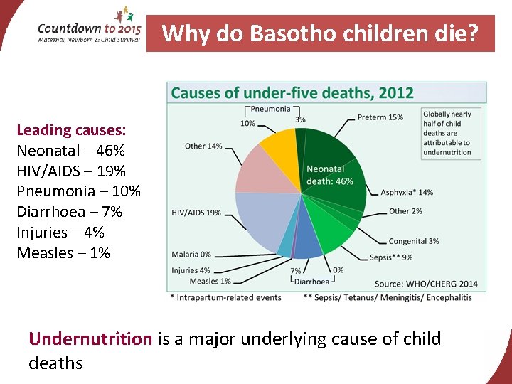 Why do Basotho children die? Leading causes: Neonatal – 46% HIV/AIDS – 19% Pneumonia