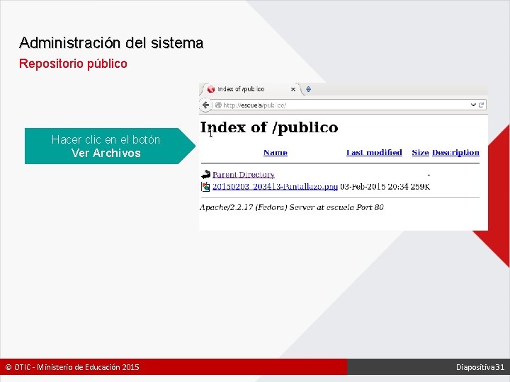 Administración del sistema Repositorio público Hacer clic en el botón Ver Archivos © OTIC
