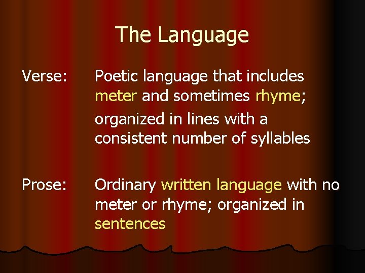 The Language Verse: Poetic language that includes meter and sometimes rhyme; organized in lines The Language Verse: Poetic language that includes meter and sometimes rhyme; organized in lines
