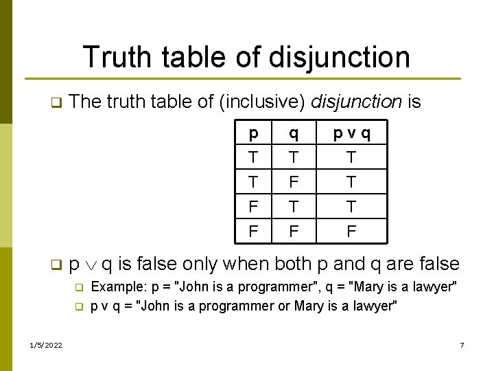 Truth table of disjunction q q The truth table of (inclusive) disjunction is q