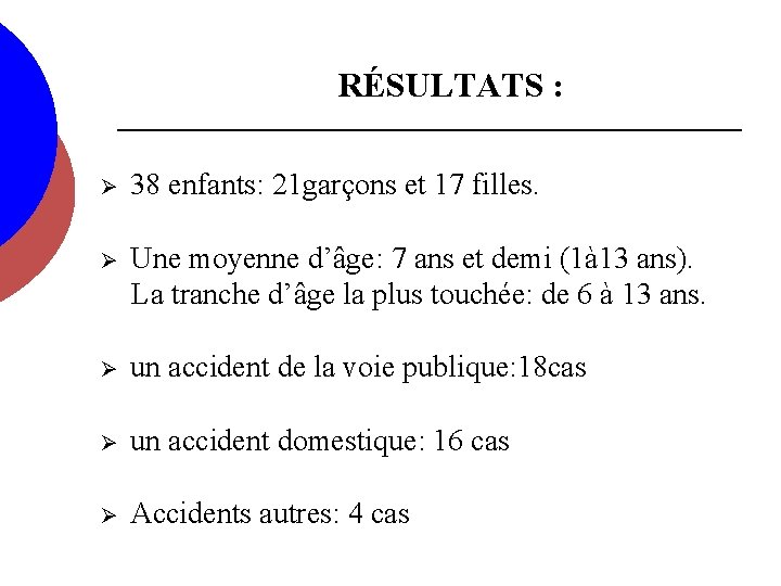 RÉSULTATS : Ø 38 enfants: 21 garçons et 17 filles. Ø Une moyenne d’âge: