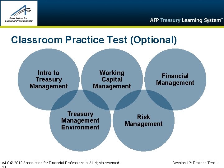 Classroom Practice Test (Optional) Intro to Treasury Management Working Capital Management Treasury Management Environment