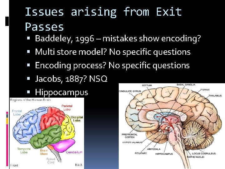 Issues arising from Exit Passes Baddeley, 1996 – mistakes show encoding? Multi store model?