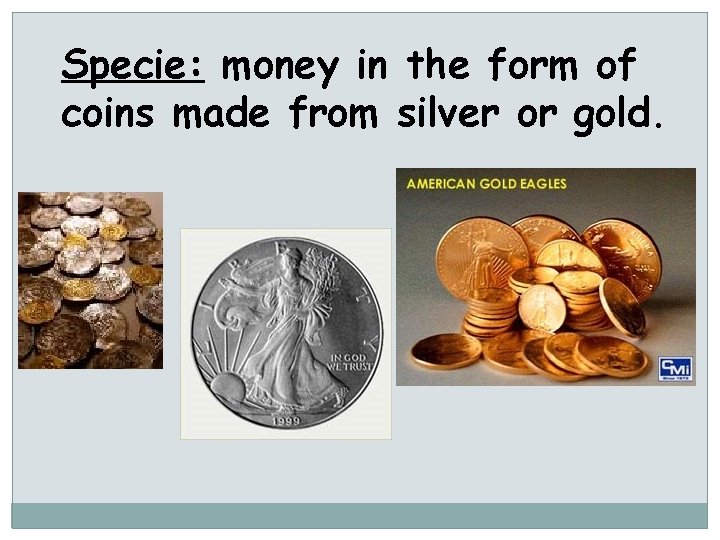 Specie: money in the form of coins made from silver or gold. 