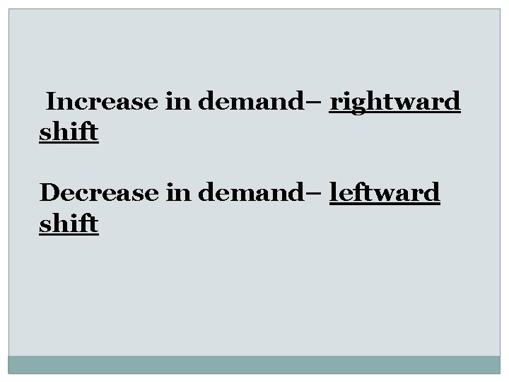 Increase in demand– rightward shift Decrease in demand– leftward shift 