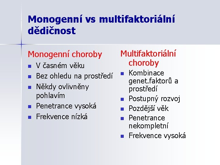 Monogenní vs multifaktoriální dědičnost Monogenní choroby n n n V časném věku Bez ohledu