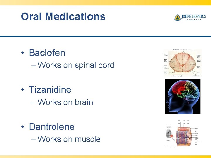 Oral Medications • Baclofen – Works on spinal cord • Tizanidine – Works on