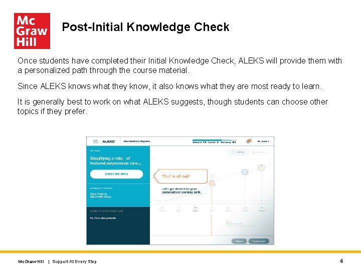 Post-Initial Knowledge Check Once students have completed their Initial Knowledge Check, ALEKS will provide