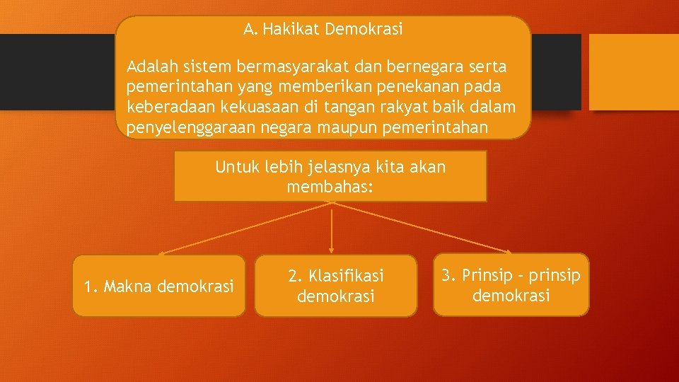 A. Hakikat Demokrasi Adalah sistem bermasyarakat dan bernegara serta pemerintahan yang memberikan penekanan pada