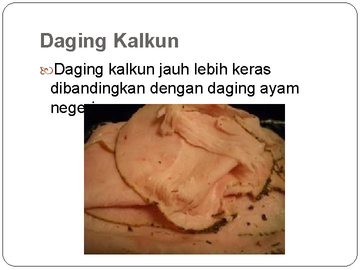 Daging Kalkun Daging kalkun jauh lebih keras dibandingkan dengan daging ayam negeri. 