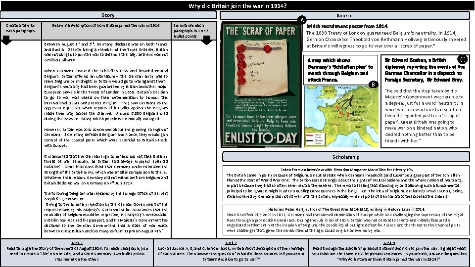 Why did Britain join the war in 1914? Story Create a title for each