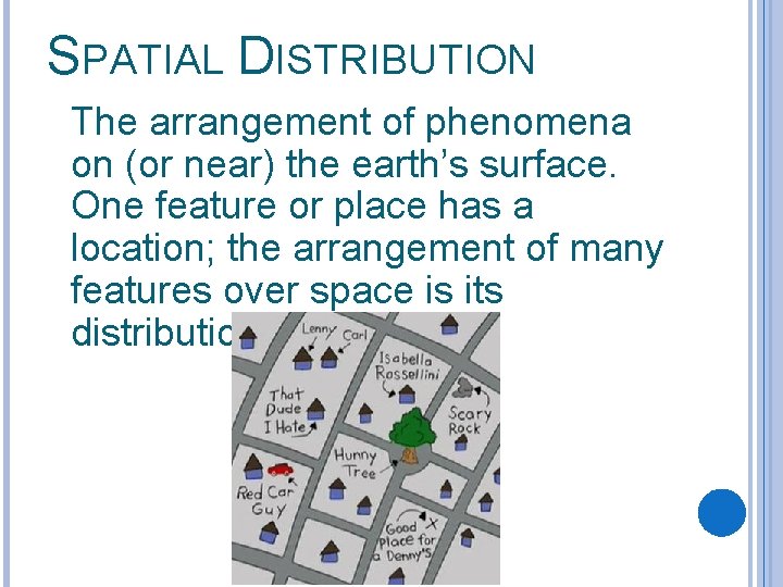 SPATIAL DISTRIBUTION The arrangement of phenomena on (or near) the earth’s surface. One feature