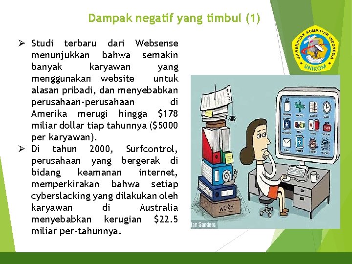 Dampak negatif yang timbul (1) Ø Studi terbaru dari Websense menunjukkan bahwa semakin banyak