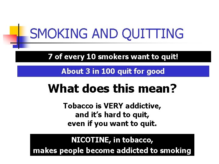 SMOKING AND QUITTING 7 of every 10 smokers want to quit! About 3 in