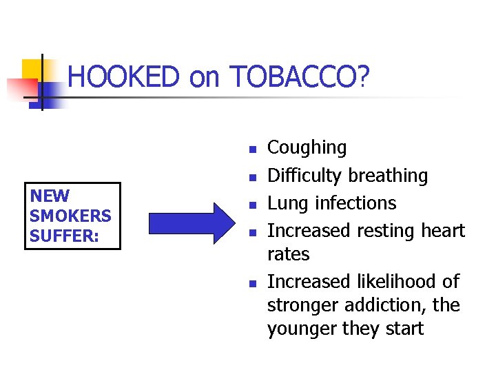 HOOKED on TOBACCO? n n NEW SMOKERS SUFFER: n n n Coughing Difficulty breathing