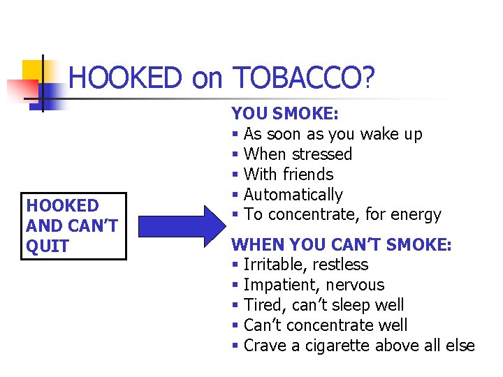 HOOKED on TOBACCO? HOOKED AND CAN’T QUIT YOU SMOKE: § As soon as you