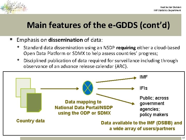 Real Sector Division IMF Statistics Department Main features of the e-GDDS (cont’d) § Emphasis