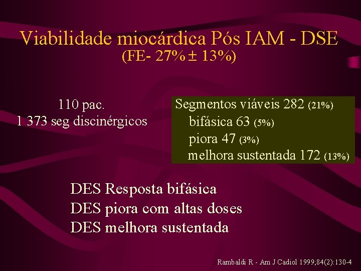 Viabilidade miocárdica Pós IAM - DSE (FE- 27% 13%) 110 pac. 1 373 seg