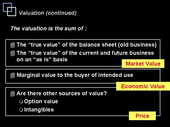 Valuation (continued) The valuation is the sum of : 4 The “true value” of