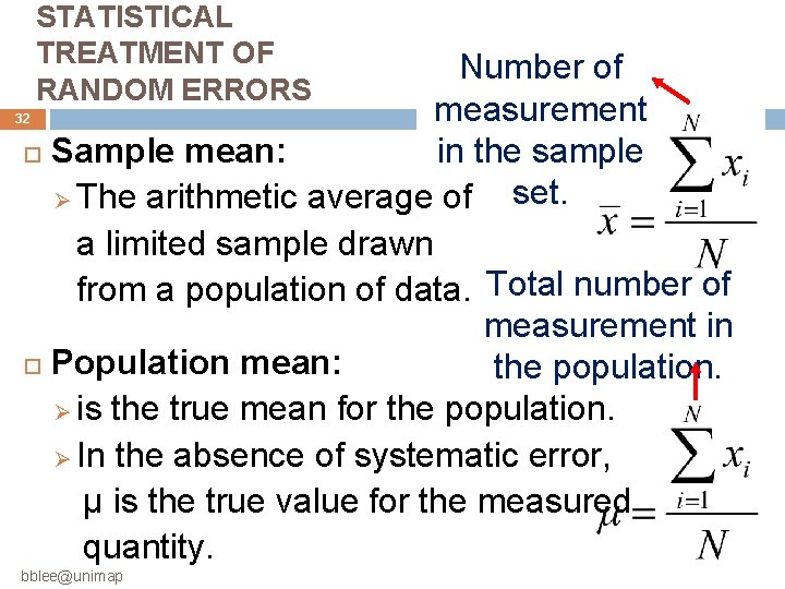 STATISTICAL TREATMENT OF RANDOM ERRORS Number of measurement in the sample Sample mean: set. STATISTICAL TREATMENT OF RANDOM ERRORS Number of measurement in the sample Sample mean: set.