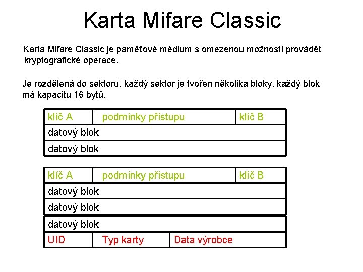 Karta Mifare Classic je paměťové médium s omezenou možností provádět kryptografické operace. Je rozdělená