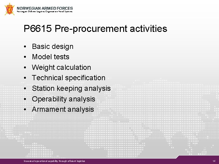 Norwegian Defence Logistics Organisation Naval Systems P 6615 Pre-procurement activities • • Basic design