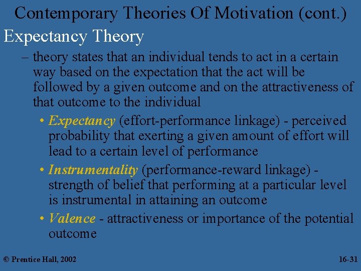 Contemporary Theories Of Motivation (cont. ) Expectancy Theory – theory states that an individual