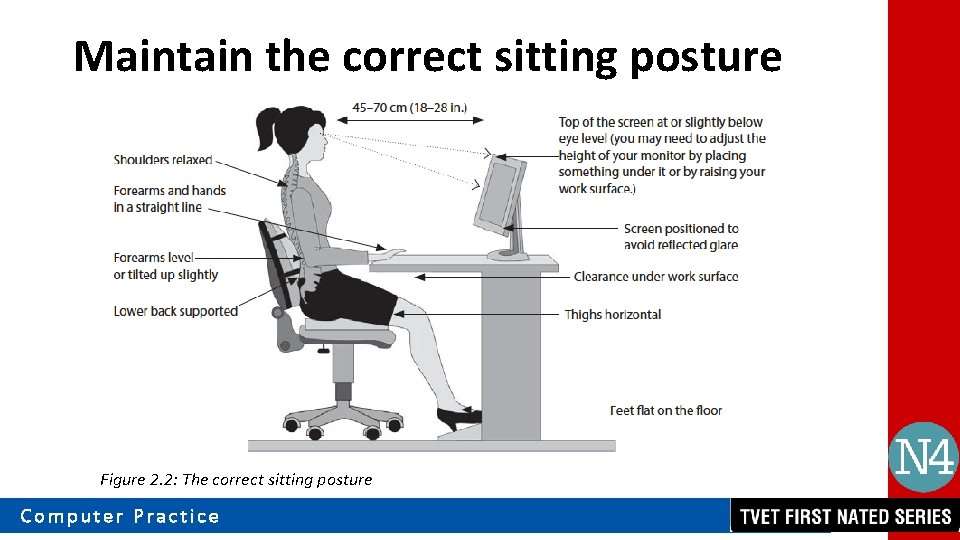 Maintain the correct sitting posture Figure 2. 2: The correct sitting posture Computer Practice