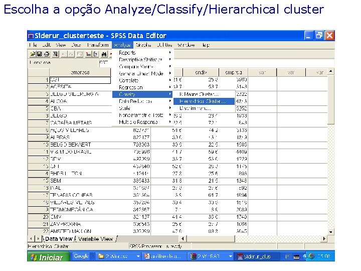 Escolha a opção Analyze/Classify/Hierarchical cluster 