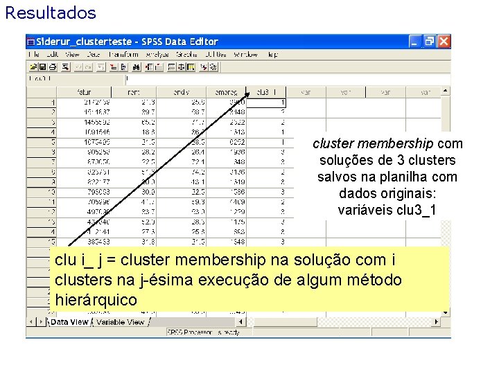 Resultados cluster membership com soluções de 3 clusters salvos na planilha com dados originais: