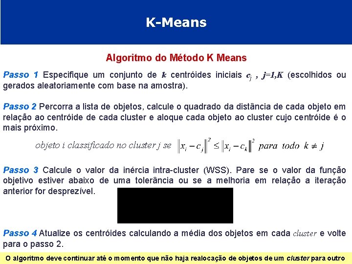 K-Means Algoritmo do Método K Means Passo 1 Especifique um conjunto de k centróides