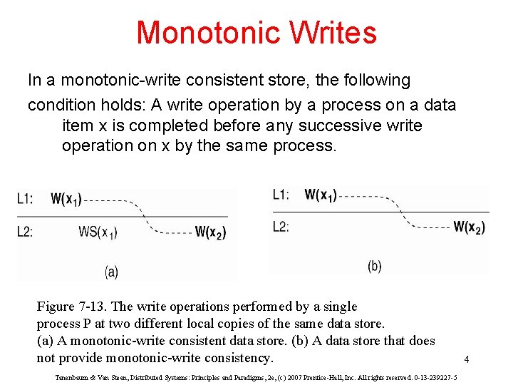 Monotonic Writes In a monotonic-write consistent store, the following condition holds: A write operation