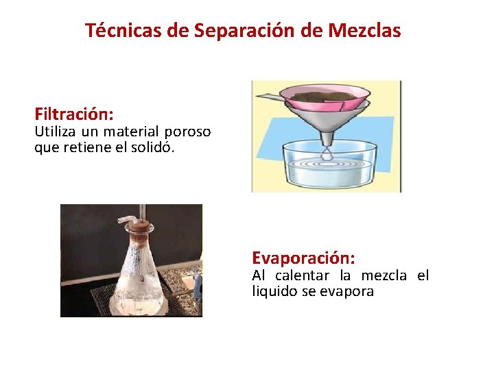 Técnicas de Separación de Mezclas Filtración: Utiliza un material poroso que retiene el solidó.