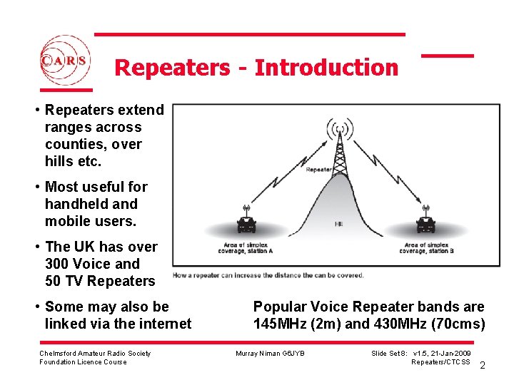 Repeaters - Introduction • Repeaters extend ranges across counties, over hills etc. • Most