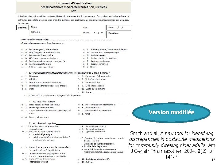 Version modifiée Smith and al, A new tool for identifying discrepancies in postacute medications