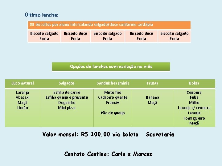 Último lanche: 03 biscoitos por aluno intercalando salgado/doce conforme cardápio Biscoito salgado Fruta Biscoito