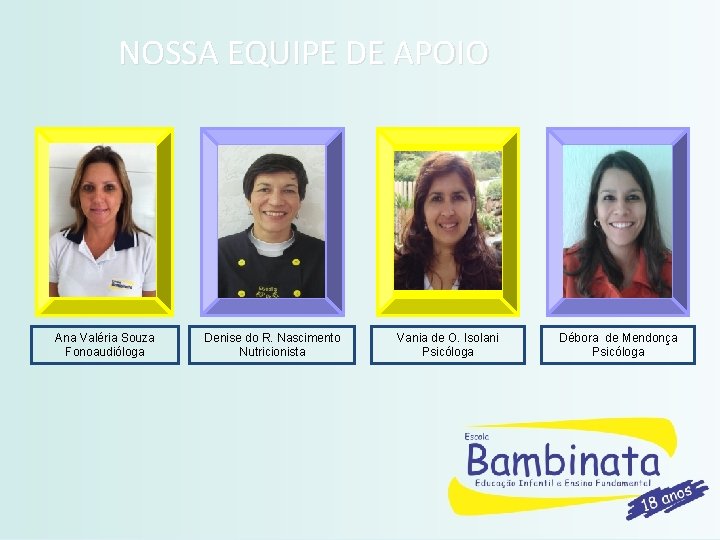 NOSSA EQUIPE DE APOIO Ana Valéria Souza Fonoaudióloga Denise do R. Nascimento Nutricionista Vania