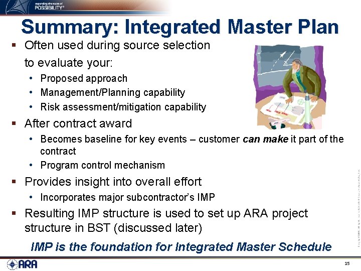 Summary: Integrated Master Plan § Often used during source selection to evaluate your: •