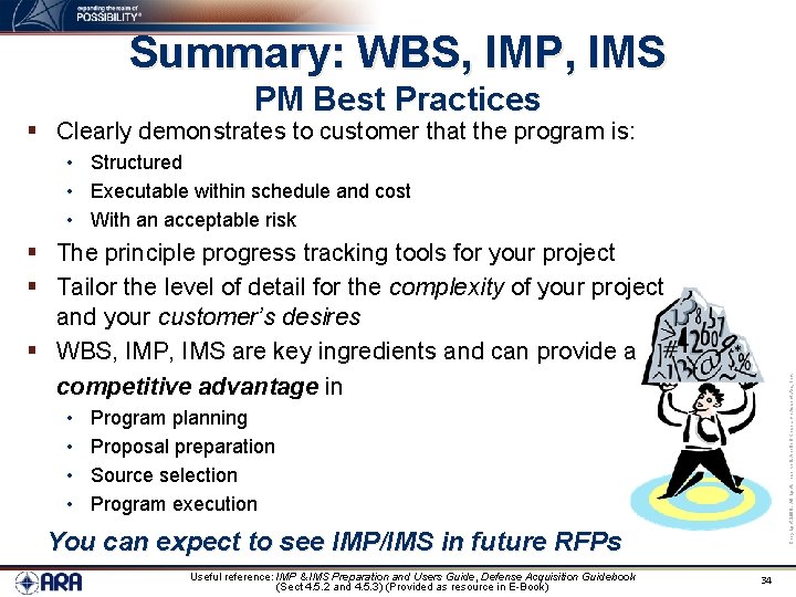 Summary: WBS, IMP, IMS PM Best Practices § Clearly demonstrates to customer that the