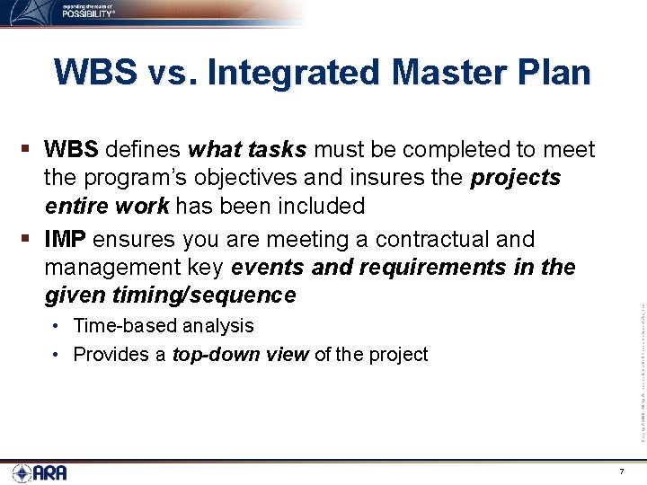 WBS vs. Integrated Master Plan Copyright 2009. All rights reserved. Applied Research Associates, Inc.