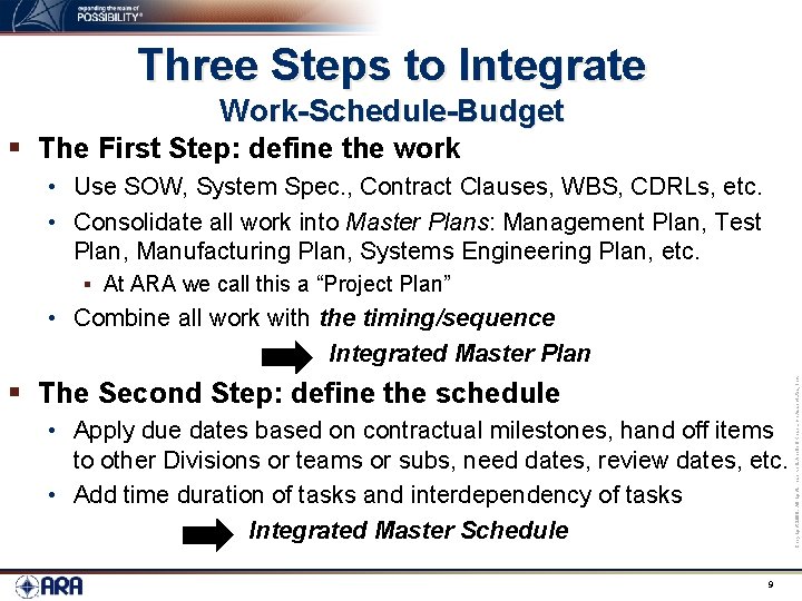 Three Steps to Integrate Work-Schedule-Budget § The First Step: define the work • Use