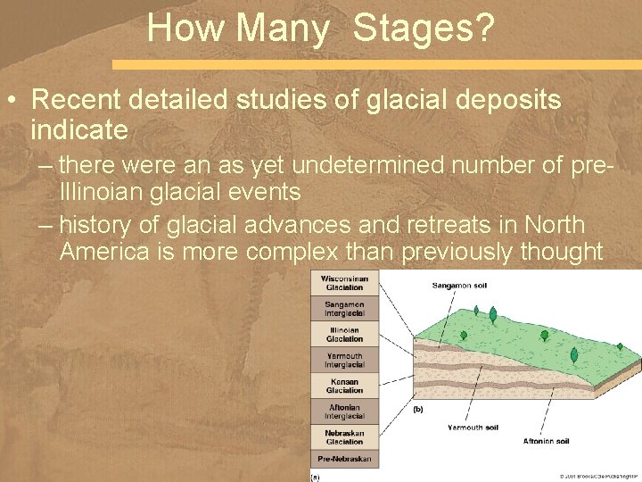 How Many Stages? • Recent detailed studies of glacial deposits indicate – there were