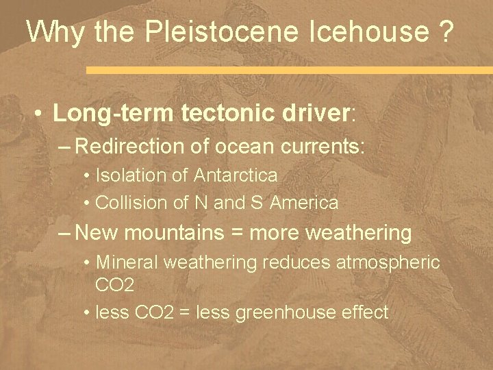 Why the Pleistocene Icehouse ? • Long-term tectonic driver: – Redirection of ocean currents: