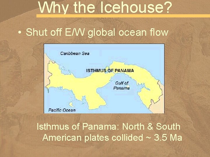 Why the Icehouse? • Shut off E/W global ocean flow Isthmus of Panama: North