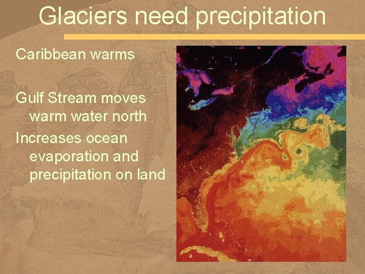 Glaciers need precipitation Caribbean warms Gulf Stream moves warm water north Increases ocean evaporation