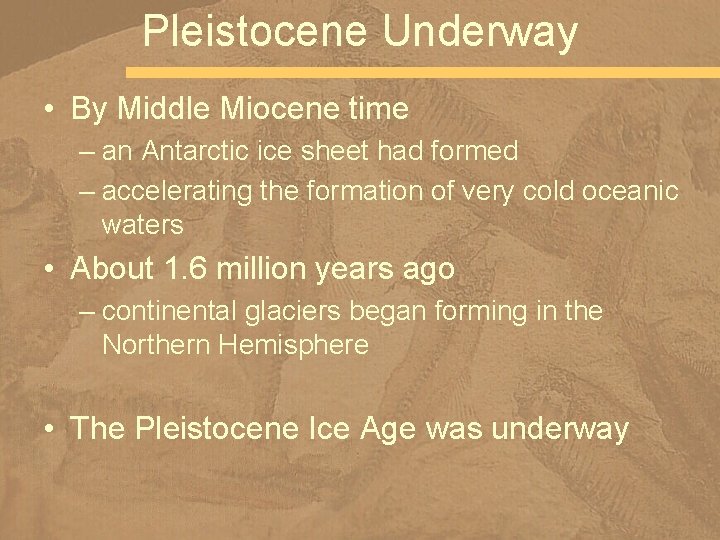 Pleistocene Underway • By Middle Miocene time – an Antarctic ice sheet had formed