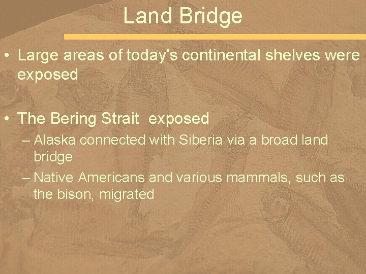 Land Bridge • Large areas of today's continental shelves were exposed • The Bering