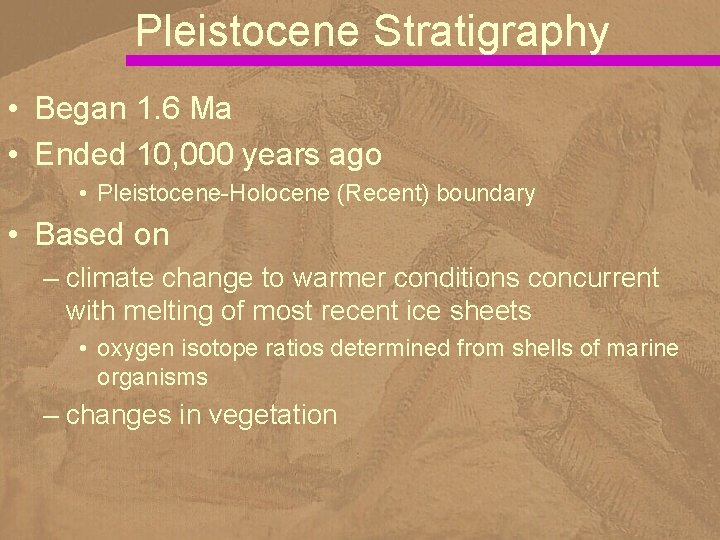 Pleistocene Stratigraphy • Began 1. 6 Ma • Ended 10, 000 years ago •