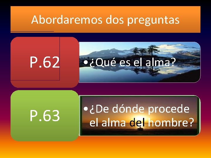 Abordaremos dos preguntas P. 62 • ¿Qué es el alma? P. 63 • ¿De